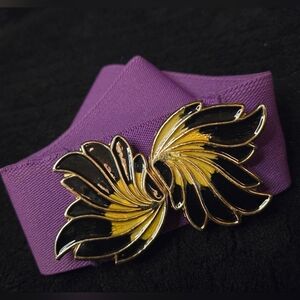 Vntg 80s Women's Elegant Purple Belt w/ Black & Gold Enameled Buckle